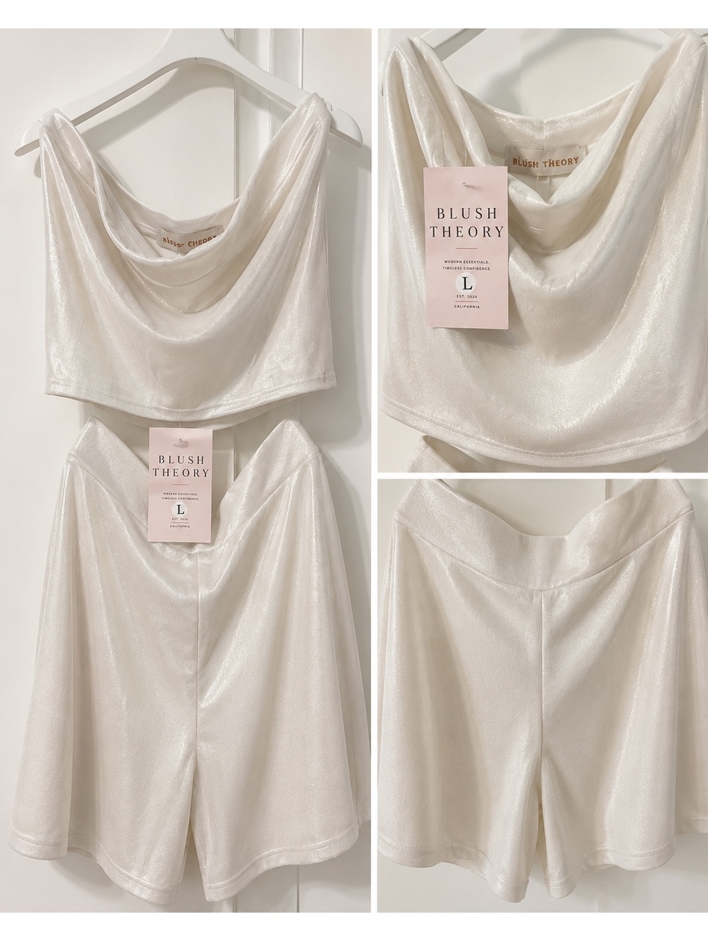 2 Piece  Women’s Pearl White Shimmer 2 Piece Set Crop Top Shorts Size L NWT
